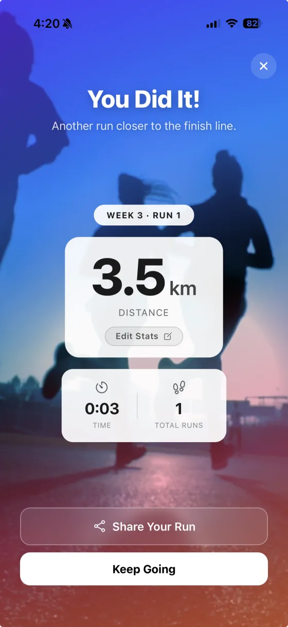 Run complete celebration screen