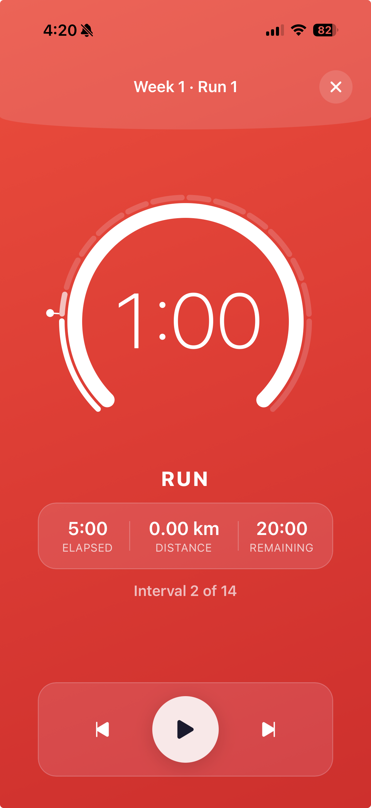 5K Run interval timer showing run and walk intervals