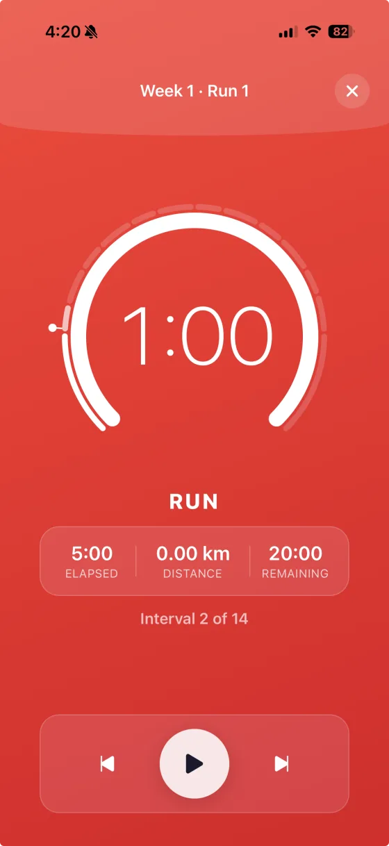 5K Run interval timer showing run and walk intervals